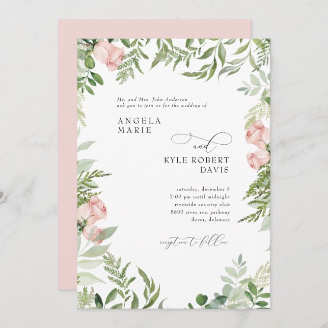 Invitación Elegante acuarela floral rosa Eucalyptus Padres (Anverso / Reverso)