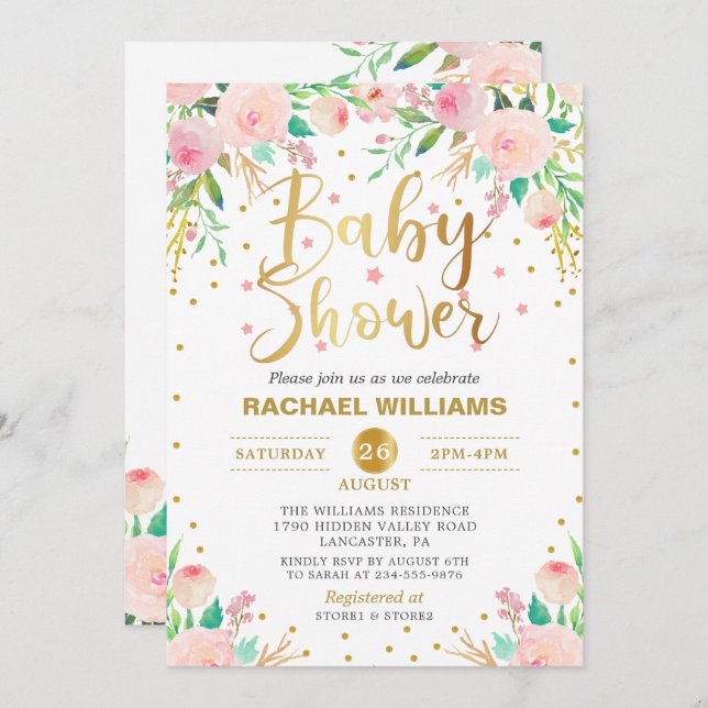 Invitación Elegante acuarela Floral Rosa & Gold Baby Shower (Anverso / Reverso)