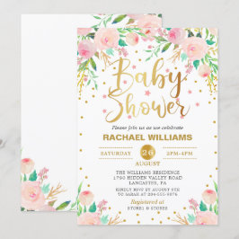 Invitación Elegante acuarela Floral Rosa & Gold Baby Shower
