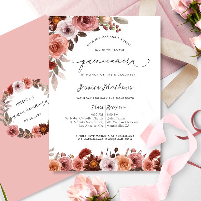 Invitación Elegante acuarela Floral rosa Quinceañera (Subido por el creador)