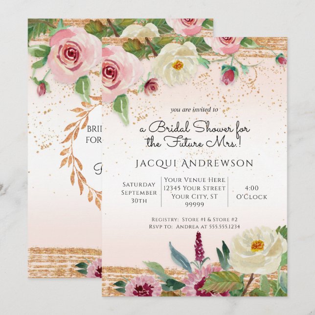 Invitación Elegante acuarela Floral Rubor Rosa Nodal (Anverso / Reverso)