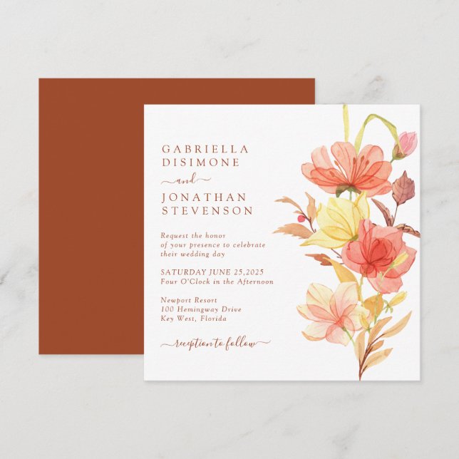 Invitación Elegante acuarela Floral Rust Terracotta Boda (Anverso / Reverso)