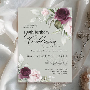 Invitación Elegante acuarela Floral Sage 100 cumpleaños