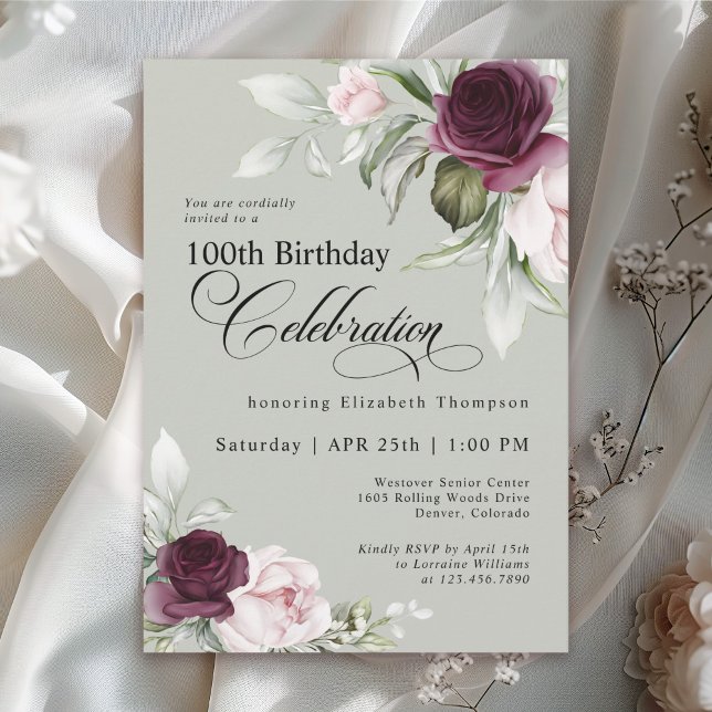 Invitación Elegante acuarela Floral Sage 100 cumpleaños (Subido por el creador)
