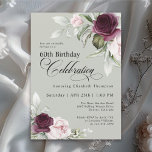 Invitación Elegante acuarela Floral Sage 60 cumpleaños<br><div class="desc">Celebra un cumpleaños especial con esta hermosa invitación de cumpleaños número 60. Presenta elegantes bordes florales en rosas borgoñas y rosas rosas a cada lado del texto elegantemente colocado. Los colores son rosa pálido, rojo burdeos profundo y ciruela mezclada con vegetación etérea y flores de acento blanco en un fondo...</div>