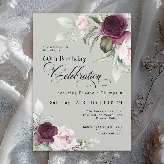 Invitación Elegante acuarela Floral Sage 60 cumpleaños (Subido por el creador)