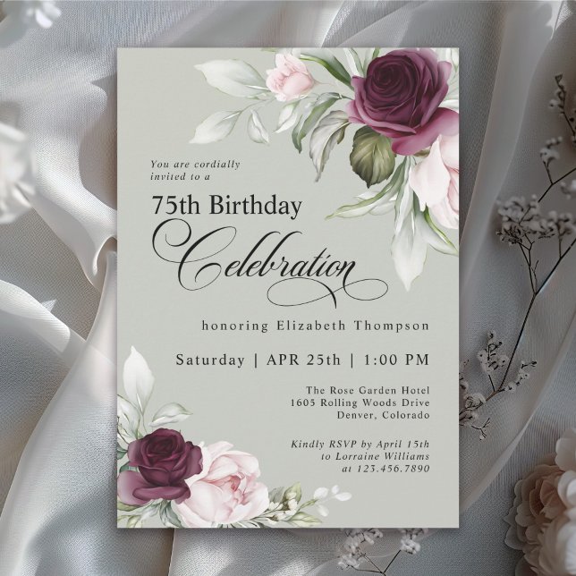 Invitación Elegante acuarela Floral Sage 75º cumpleaños (Subido por el creador)