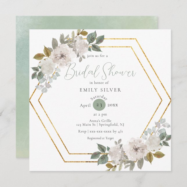 Invitación Elegante acuarela Floral Sage Bridal Shower (Anverso / Reverso)