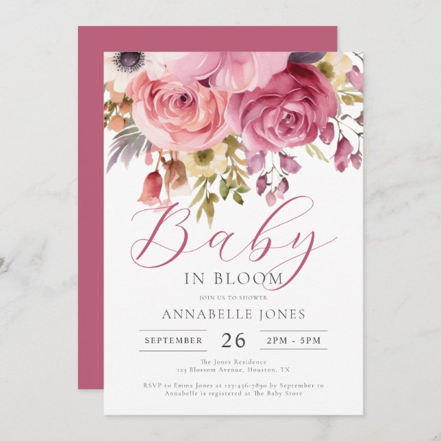 Invitación Elegante acuarela Floral Script Baby Shower (Anverso / Reverso)