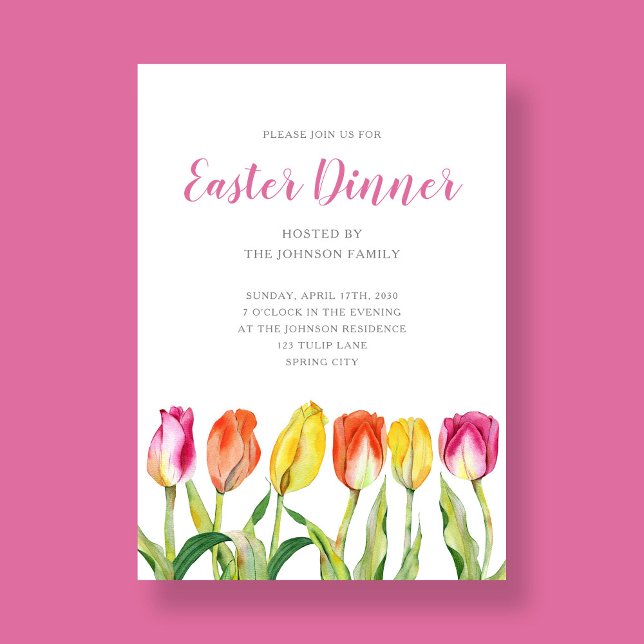 Invitación Elegante acuarela floral Tulip Cena de Pascua (Elegant Floral Watercolor Tulip Easter Dinner Invitation)