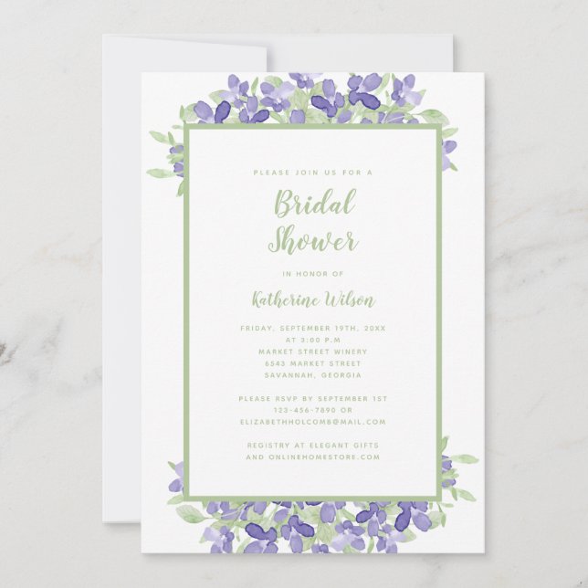 Invitación Elegante acuarela floral verde ducha de novia (Anverso)