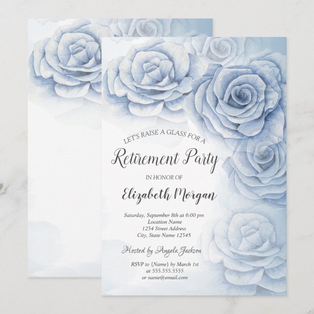 Invitación Elegante acuarela Flores azules Jubilación (Anverso / Reverso)