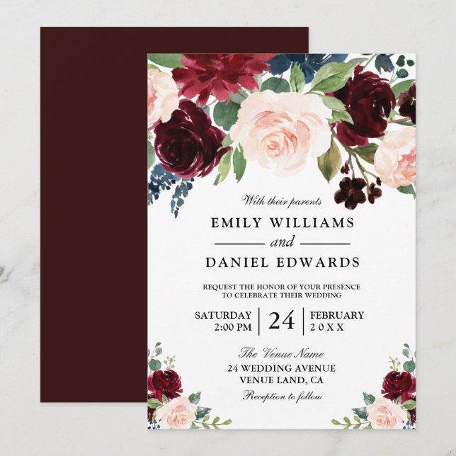 Invitación Elegante acuarela Flores Boda moderno (Anverso / Reverso)