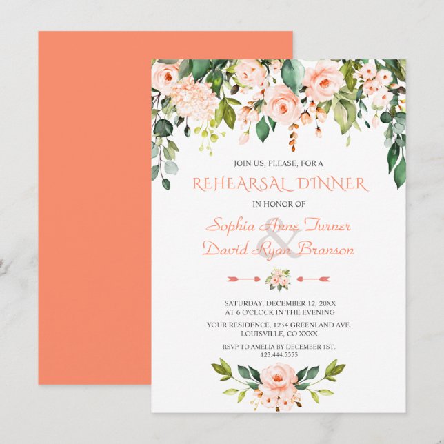 Invitación Elegante acuarela Flores de coral ensayar cena (Anverso / Reverso)