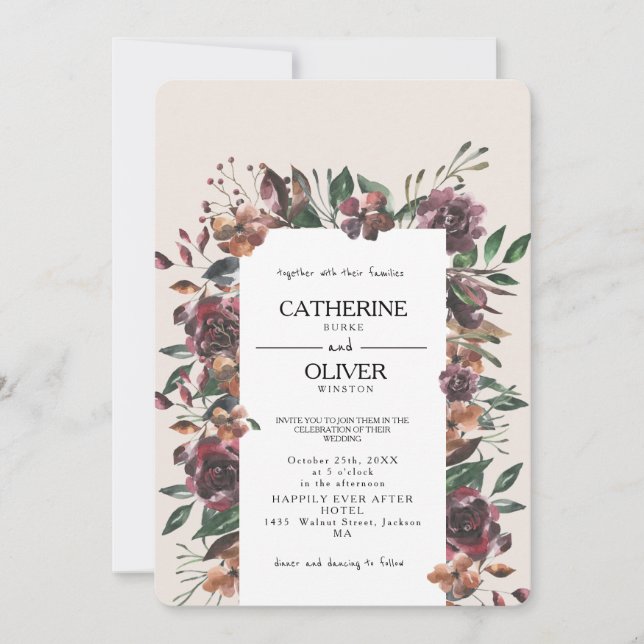 Invitación Elegante acuarela Flores de otoño Frame Ecru Boda (Anverso)