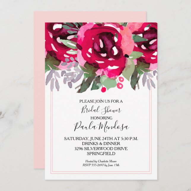 Invitación Elegante acuarela Flores Ducha Bridal (Anverso / Reverso)