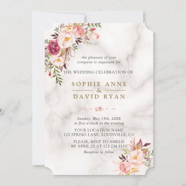 Invitación Elegante acuarela Flores rosas Boda de mármol (Anverso)