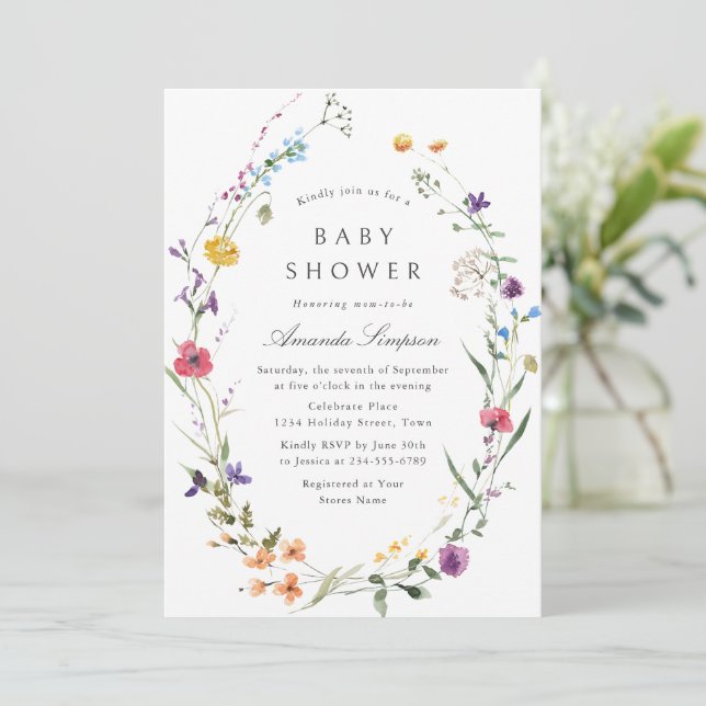 Invitación Elegante acuarela Flores salvajes Baby Shower (Anverso de pie)