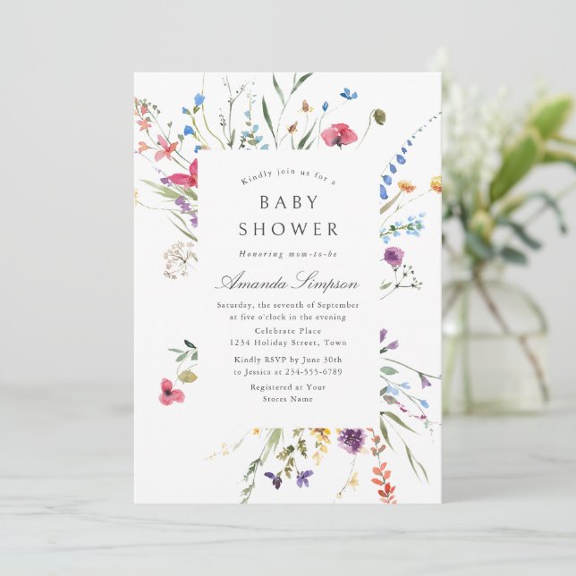 Invitación Elegante acuarela Flores salvajes Baby Shower (Anverso de pie)