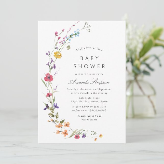 Invitación Elegante acuarela Flores salvajes Baby Shower (Anverso de pie)