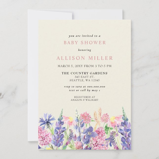 Invitación Elegante acuarela Flores salvajes Baby Shower (Anverso)