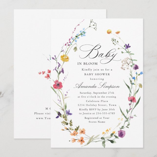 Invitación Elegante acuarela Flores salvajes Baby Shower (Anverso / Reverso)
