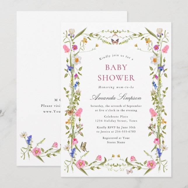 Invitación Elegante acuarela Flores salvajes Baby Shower (Anverso / Reverso)