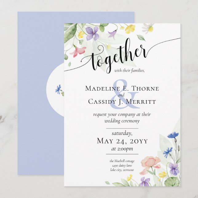 Invitación Elegante acuarela Flores salvajes Boda arcoiris (Anverso / Reverso)