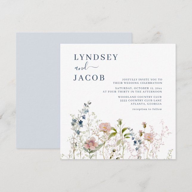 Invitación Elegante acuarela Flores salvajes Boda azul turbio (Anverso / Reverso)