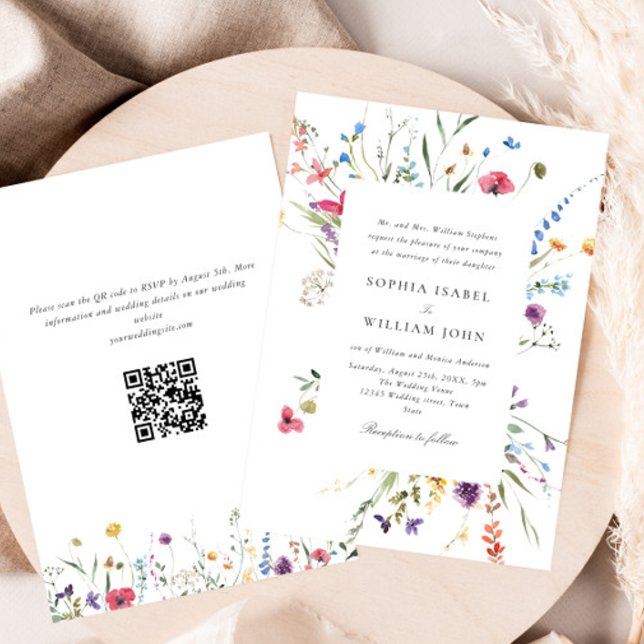 Invitación Elegante acuarela Flores salvajes Boda código QR (Subido por el creador)