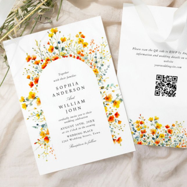 Invitación Elegante acuarela Flores salvajes Boda código QR (Subido por el creador)