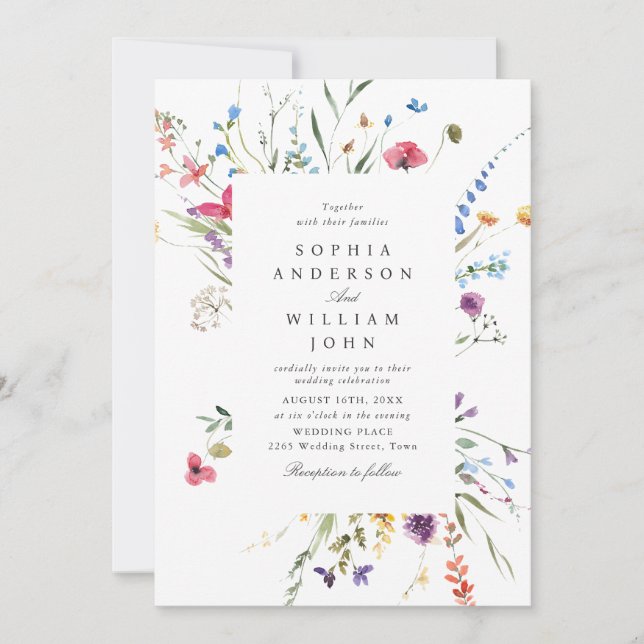 Invitación Elegante acuarela Flores salvajes Boda código QR (Anverso)