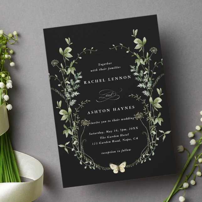 Invitación Elegante acuarela Flores salvajes Boda negro (Subido por el creador)