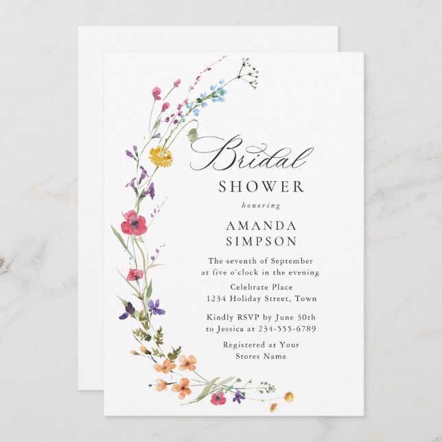 Invitación Elegante acuarela Flores salvajes ducha de novia (Anverso / Reverso)
