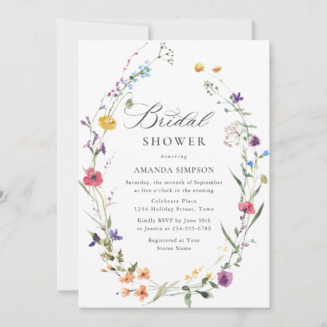 Invitación Elegante acuarela Flores salvajes ducha de novia (Anverso)