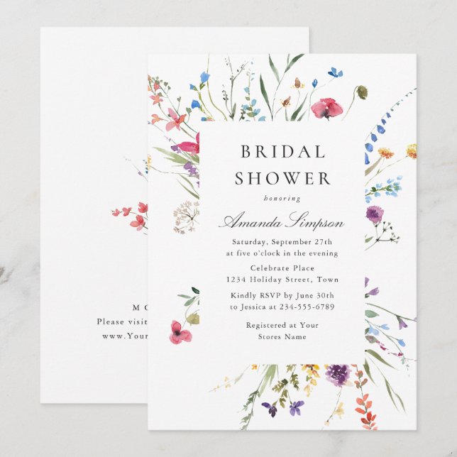 Invitación Elegante acuarela Flores salvajes ducha de novia (Anverso / Reverso)