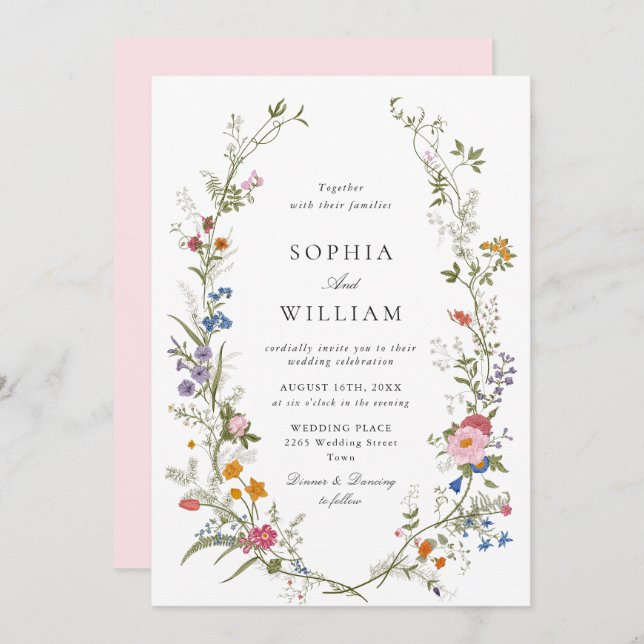 Invitación Elegante acuarela Flores silvestres simple Boda ro (Anverso / Reverso)