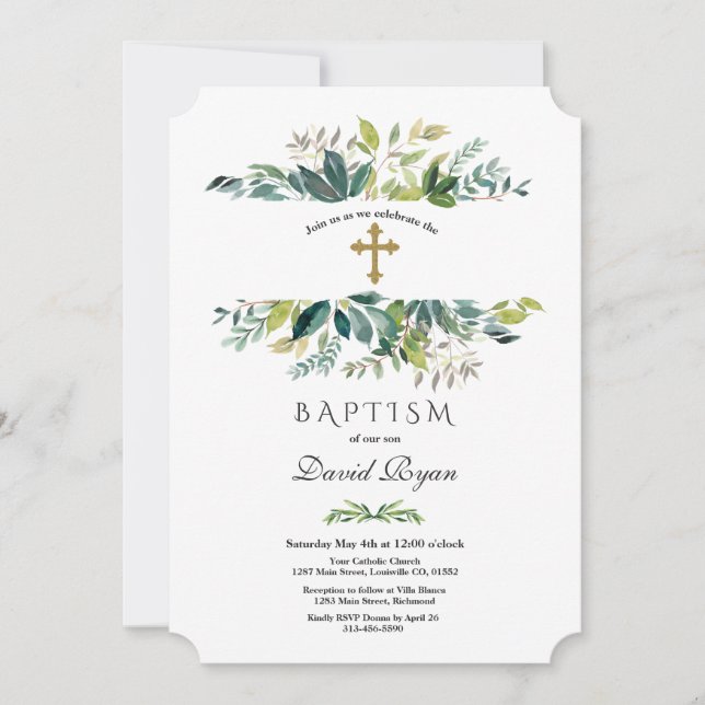 Invitación Elegante acuarela Foliage Frame Gold Baptism (Anverso)