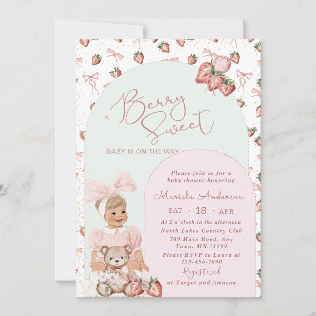Invitación Elegante acuarela Fresa chica Baby Shower In (Anverso)