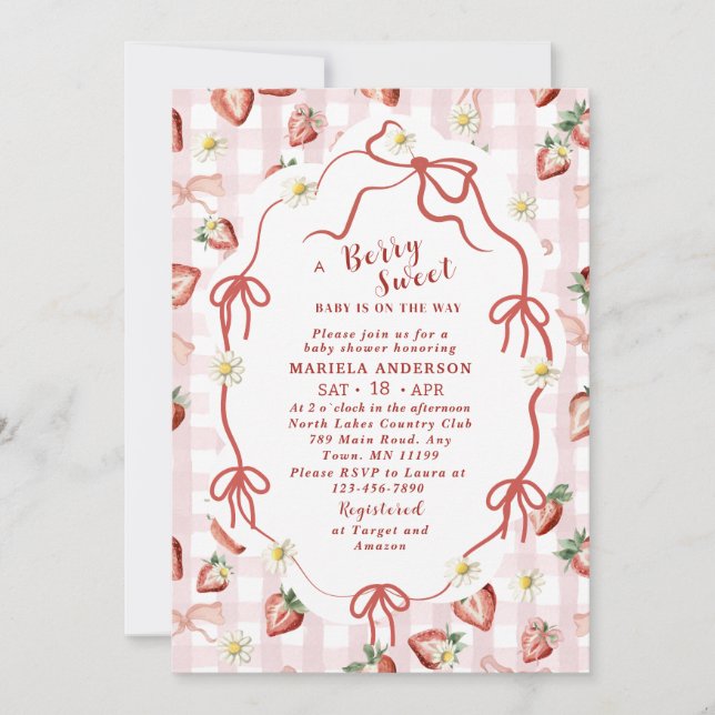 Invitación Elegante acuarela Fresa chica Baby Shower In (Anverso)