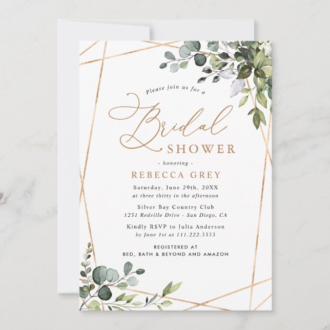 Invitación Elegante acuarela Gold Greenery Bridal Shower (Anverso)