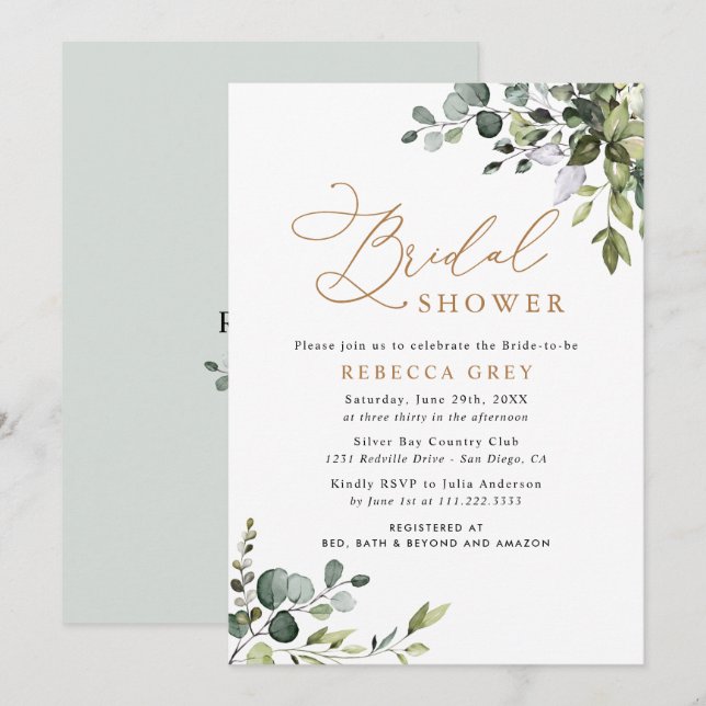 Invitación Elegante acuarela Gold Greenery Bridal Shower (Anverso / Reverso)