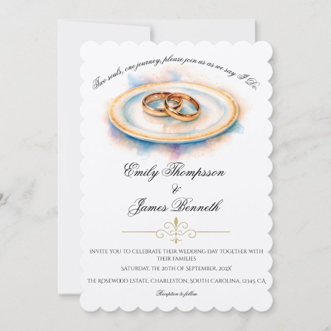 Invitación Elegante acuarela Golden Rosa Anillos Bodas (Anverso)