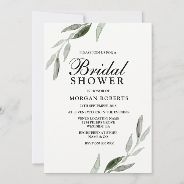 Invitación Elegante acuarela Green Leaf Bridal Shower Invite (Anverso)