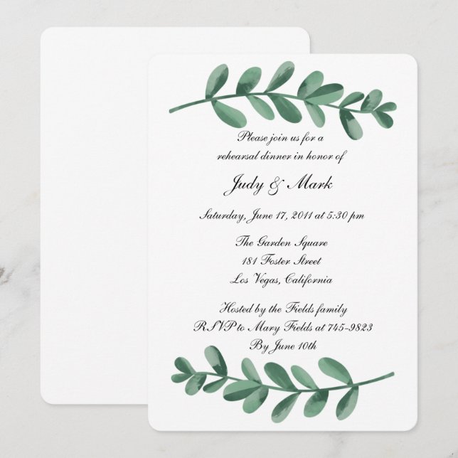 Invitación Elegante acuarela Green Leaves Cena de ensayo (Anverso / Reverso)