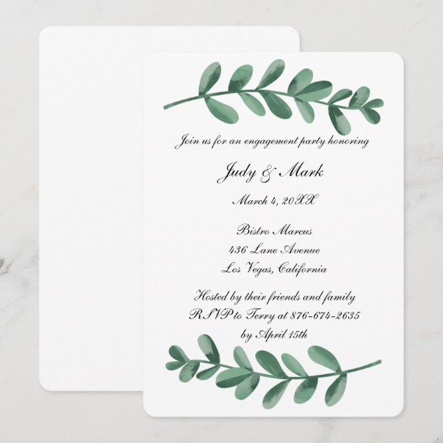 Invitación Elegante acuarela Green Leaves Engagement Party (Anverso / Reverso)
