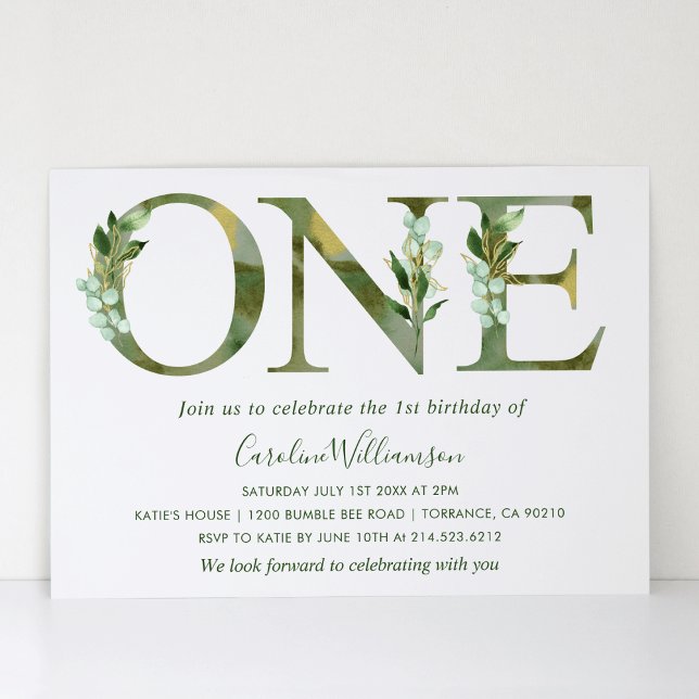 Invitación elegante acuarela Greenery Primer cumpleaños (Subido por el creador)