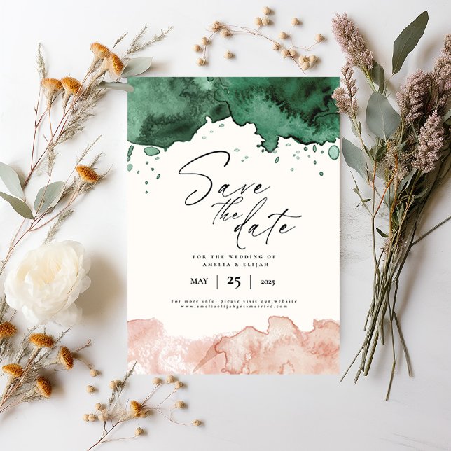 Invitación Elegante acuarela Guardar el Boda de fechas (Elegant Save the Date card invitation with emerald green and blush pink watercolor borders)