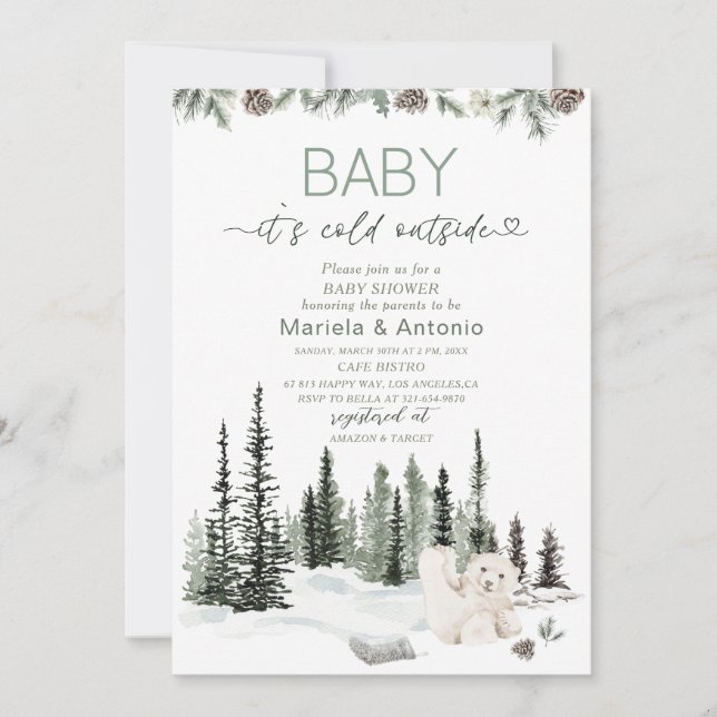 Invitación Elegante acuarela hace frío fuera de Baby Shower (Anverso)
