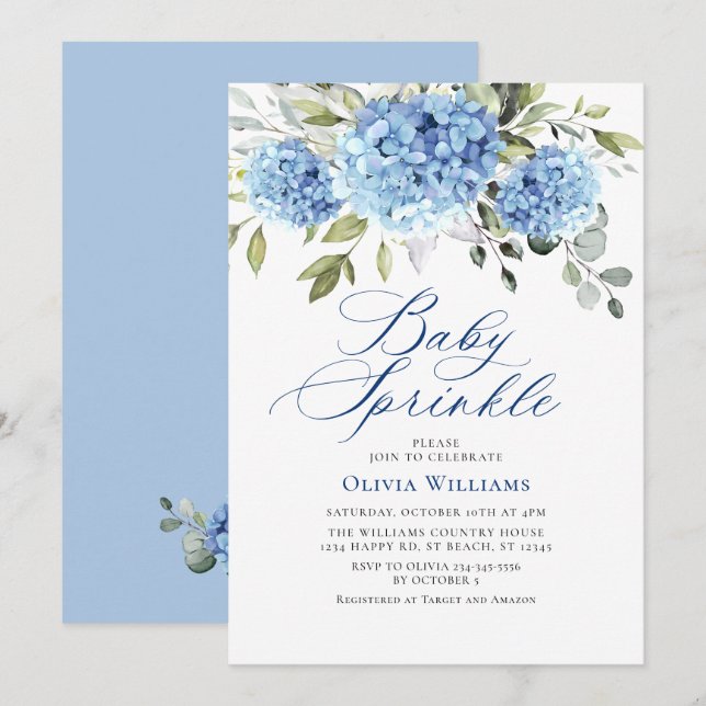 Invitación Elegante acuarela Hidrangea Azul Bebé Rociar (Anverso / Reverso)